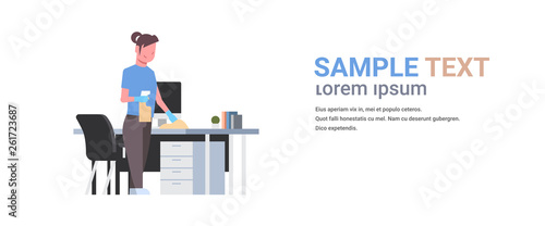 housewife cleaning computer table with duster woman wiping workplace desk girl dusting housework concept female cartoon character full length flat horizontal white background copy space