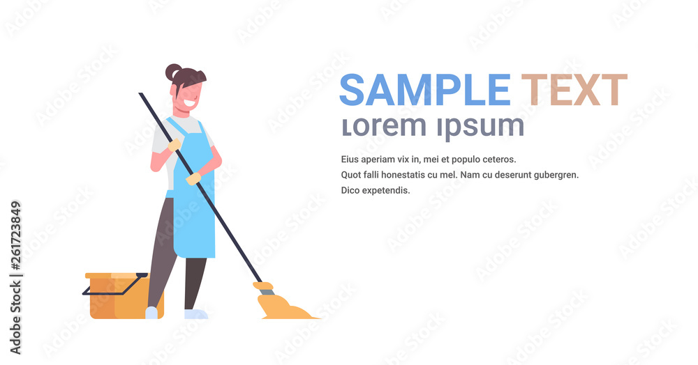 Fototapeta premium woman in gloves and apron washing floor girl using mop housewife doing housework cleaning concept flat horizontal copy space white background full length