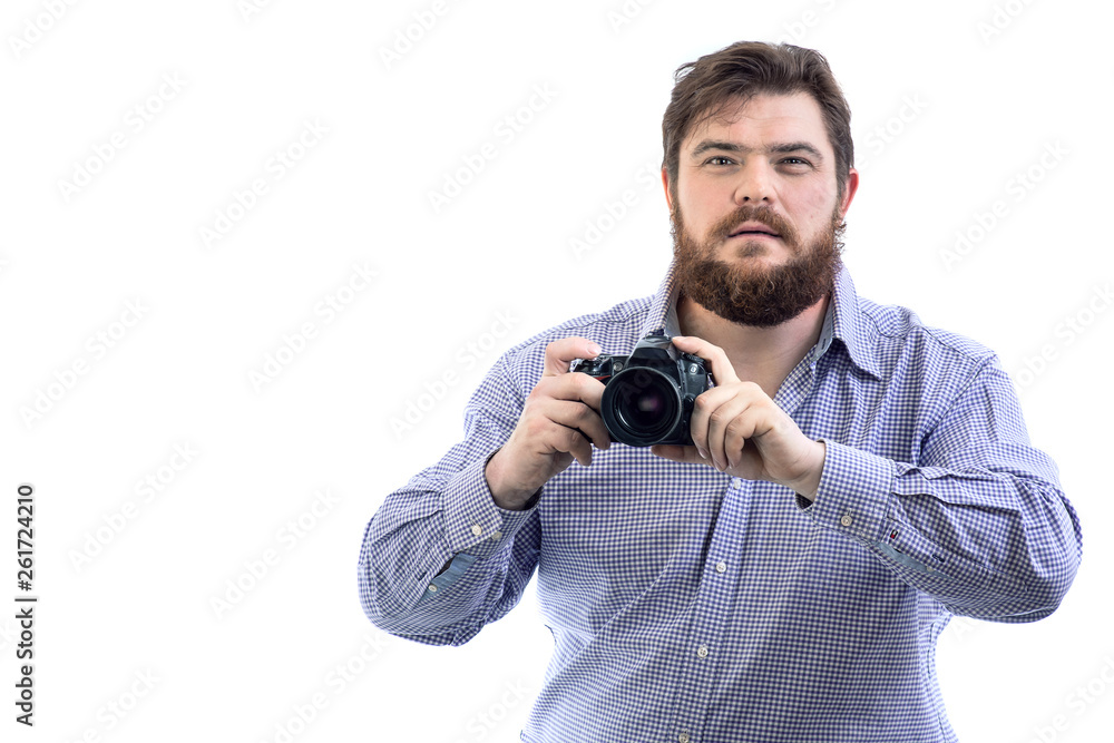 portrait of big handsome bearded photographer posing with professional DSLR camera, isolated on white portrait of big handsome bearded photographer posing with professional DSLR camera, isolated on white