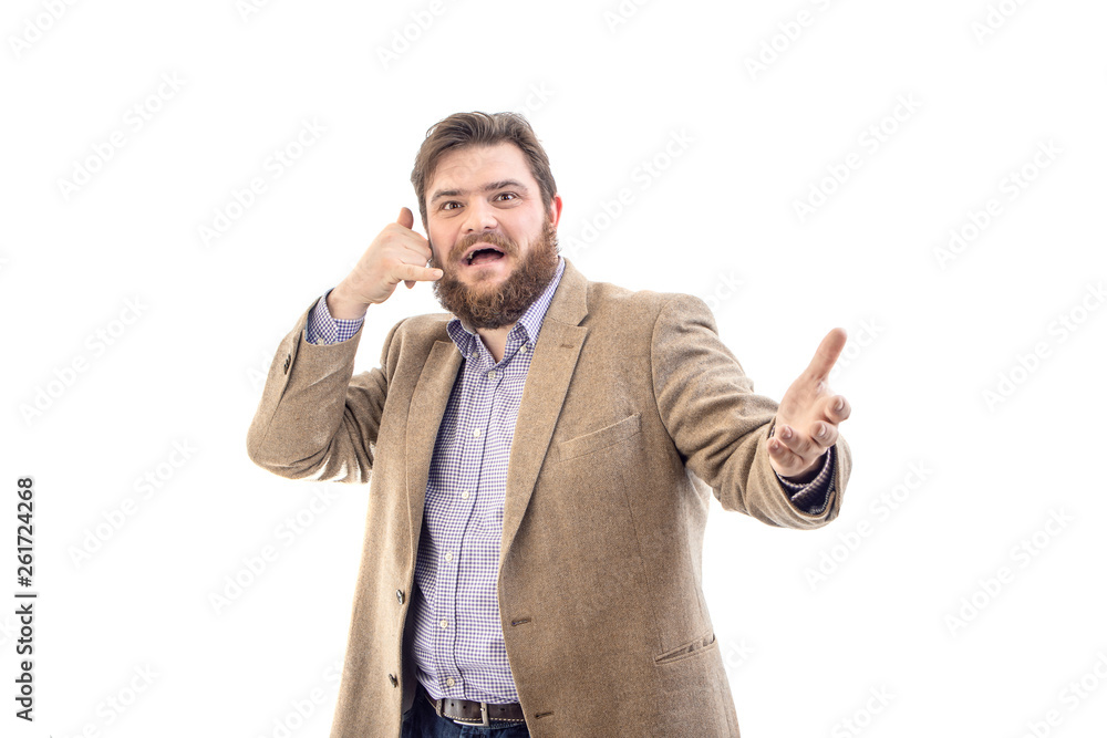 Portrait of funny big handsome smiling bearded business man in beige suit, isolated on white Portrait of funny big handsome smiling bearded business man in beige suit, isolated on white