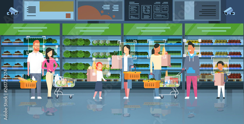grocery shop customers identification surveillance cctv facial recognition concept mix race people holding bags baskets trolley carts modern supermarket interior security camera system horizontal
