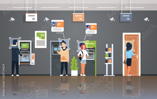 people withdrawing money ATM cash machine identification surveillance cctv facial recognition concept modern bank office interior security camera system horizontal