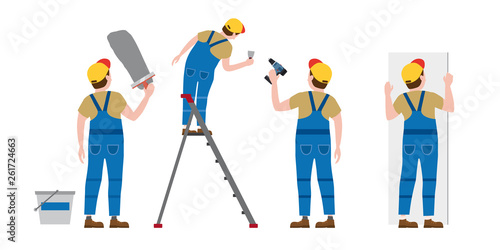 Set Workers put plaster on a stepladder, with a screwdriver installing gypsum plasterboard panels in the interior