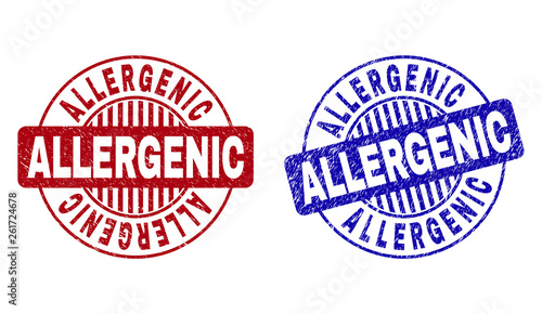 Grunge ALLERGENIC round stamp seals isolated on a white background. Round seals with grunge texture in red and blue colors. Vector rubber imprint of ALLERGENIC tag inside circle form with stripes.