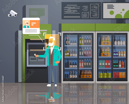 senior man withdrawing money ATM cash machine identification surveillance cctv facial recognition concept modern grosery shop supermarket interior security camera system horizontal