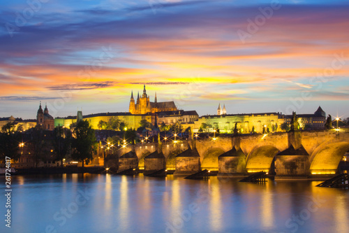 Beautiful view of St. Vitus Cathedral, Charles Bridge and Mala Strana on the banks of the Vltava in Prague, Czech Republic