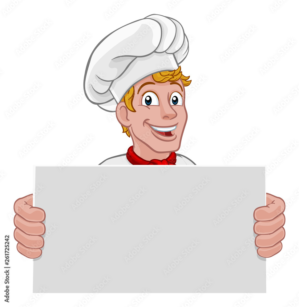 A chef cook or baker holding a sign board with copyspace cartoon A chef cook or baker holding a sign board with copyspace cartoon