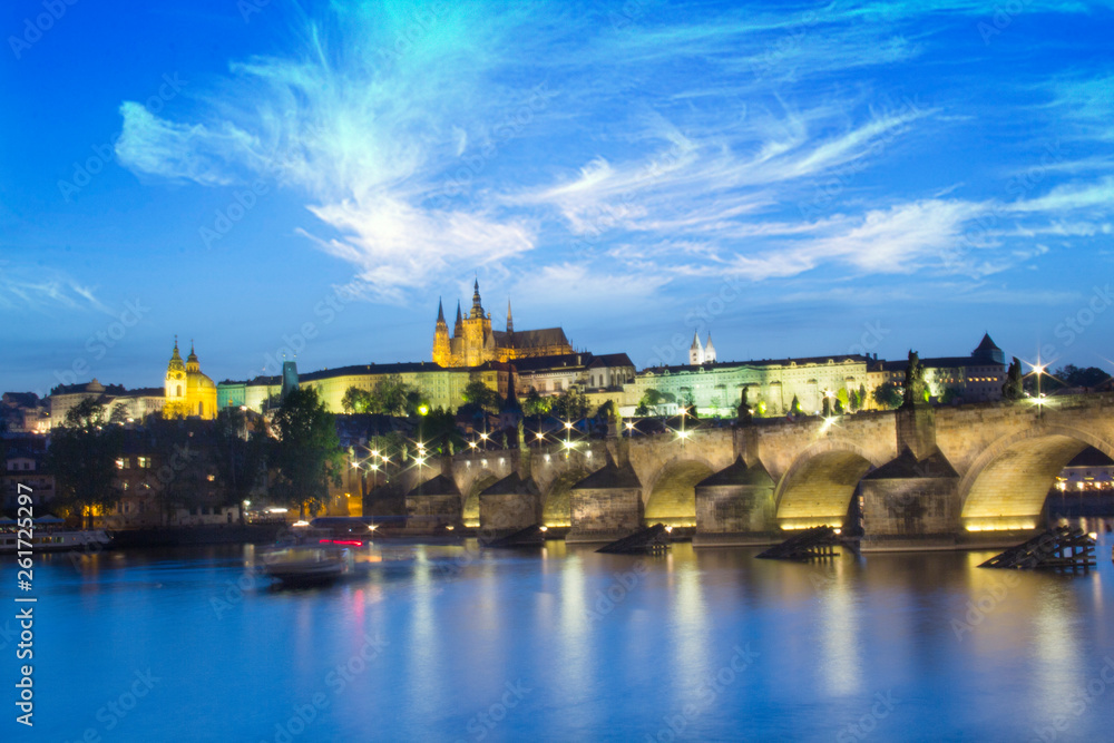 Beautiful view of St. Vitus Cathedral, Charles Bridge and Mala Strana on the banks of the Vltava in Prague, Czech Republic