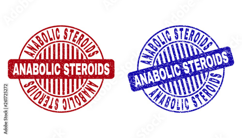 Grunge ANABOLIC STEROIDS round stamp seals isolated on a white background. Round seals with grunge texture in red and blue colors.