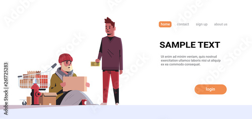 guy giving money to poor man with belongings in a trolley sitting on street begging for help beggar holding sign board homeless concept white background horizontal copy space