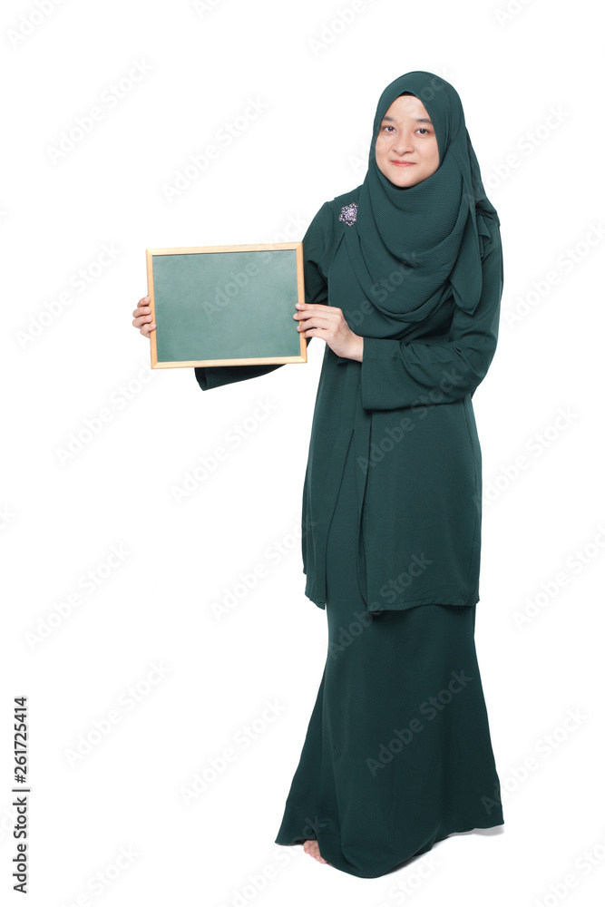 Malay woman wearing hijab with blank black board Malay woman wearing hijab with blank black board