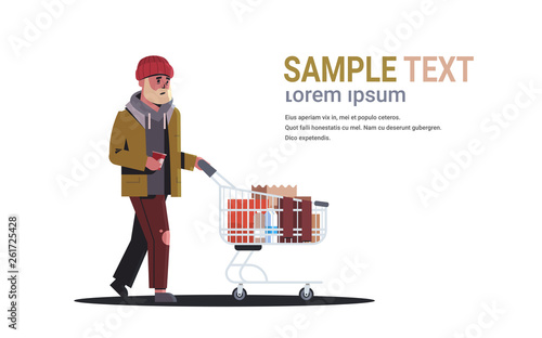 poor man pushing trolley cart with belongings guy walking street begging for help beggar holding paper cup homeless concept white background horizontal full length copy space