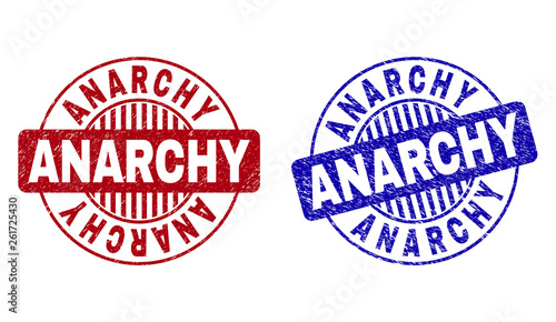 Grunge ANARCHY round stamp seals isolated on a white background. Round seals with grunge texture in red and blue colors. Vector rubber imprint of ANARCHY text inside circle form with stripes.