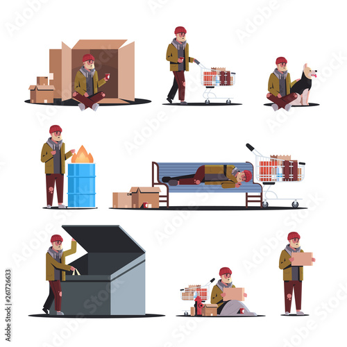poor man on street different poses set begging for help beggar guy homeless jobless concepts collection white background full length