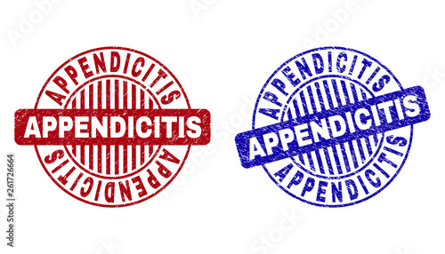 Grunge APPENDICITIS round stamp seals isolated on a white background. Round seals with distress texture in red and blue colors.
