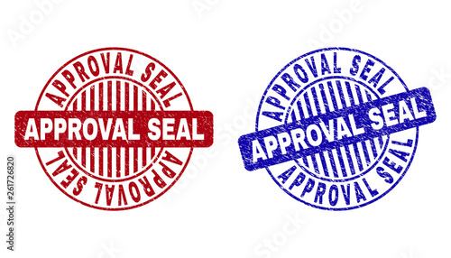 Grunge APPROVAL SEAL round stamp seals isolated on a white background. Round seals with grunge texture in red and blue colors.