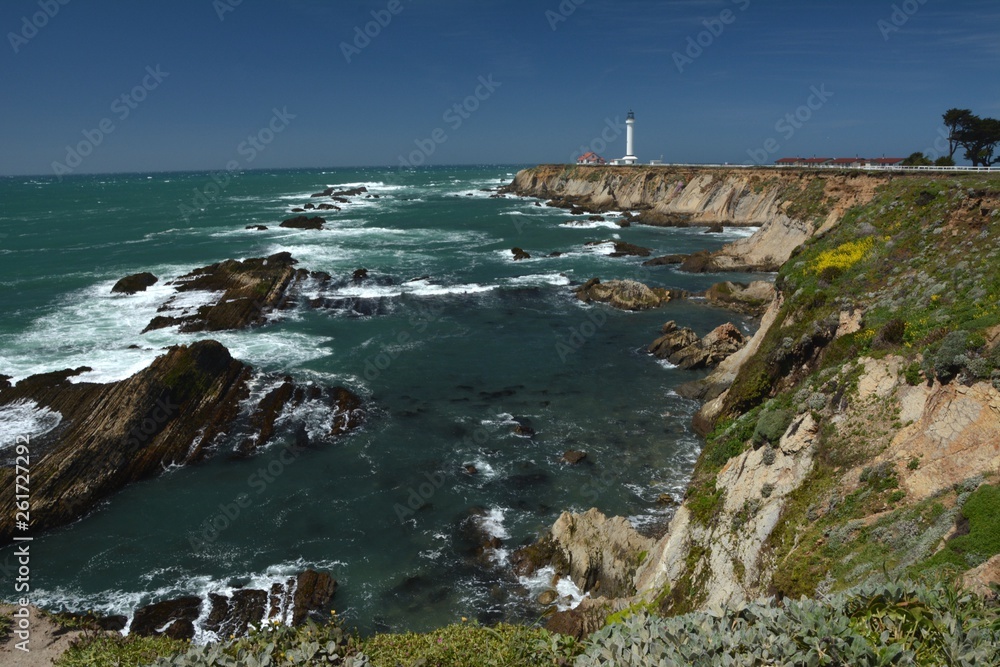 Pacific coast of Point Arena Light in Mendocino County from April 28, 2017, California USA