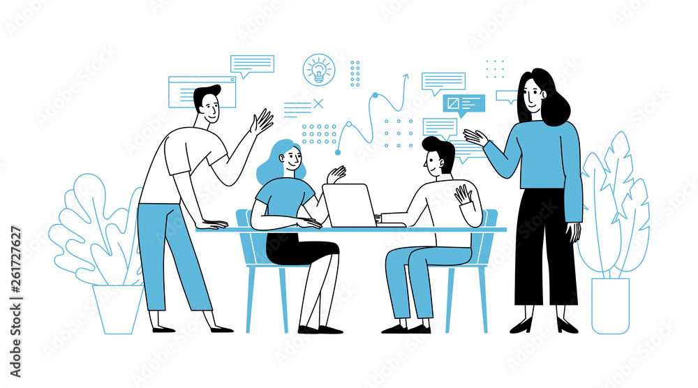 Vector illustration in simple flat linear style with smiling cartoon characters - teamwork and cooperation concept Vector illustration in simple flat linear style with smiling cartoon characters - teamwork and cooperation concept
