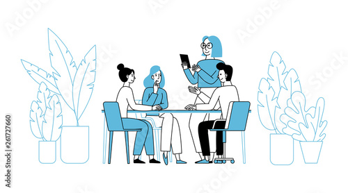 Vector illustration in simple flat linear style with smiling cartoon characters - teamwork and cooperation concept