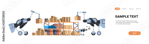 robots loading cardboard boxes hi-tech smart factory warehouse logistics automation technology concept modern robotic cartoon characters flat copy space horizontal