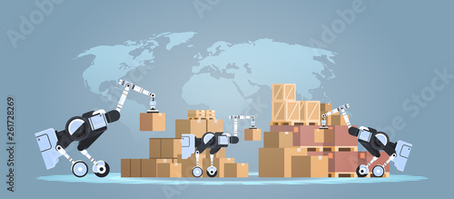 robots loading cardboard boxes hi-tech smart factory warehouse logistics automation technology concept modern robotic cartoon characters world map background flat horizontal