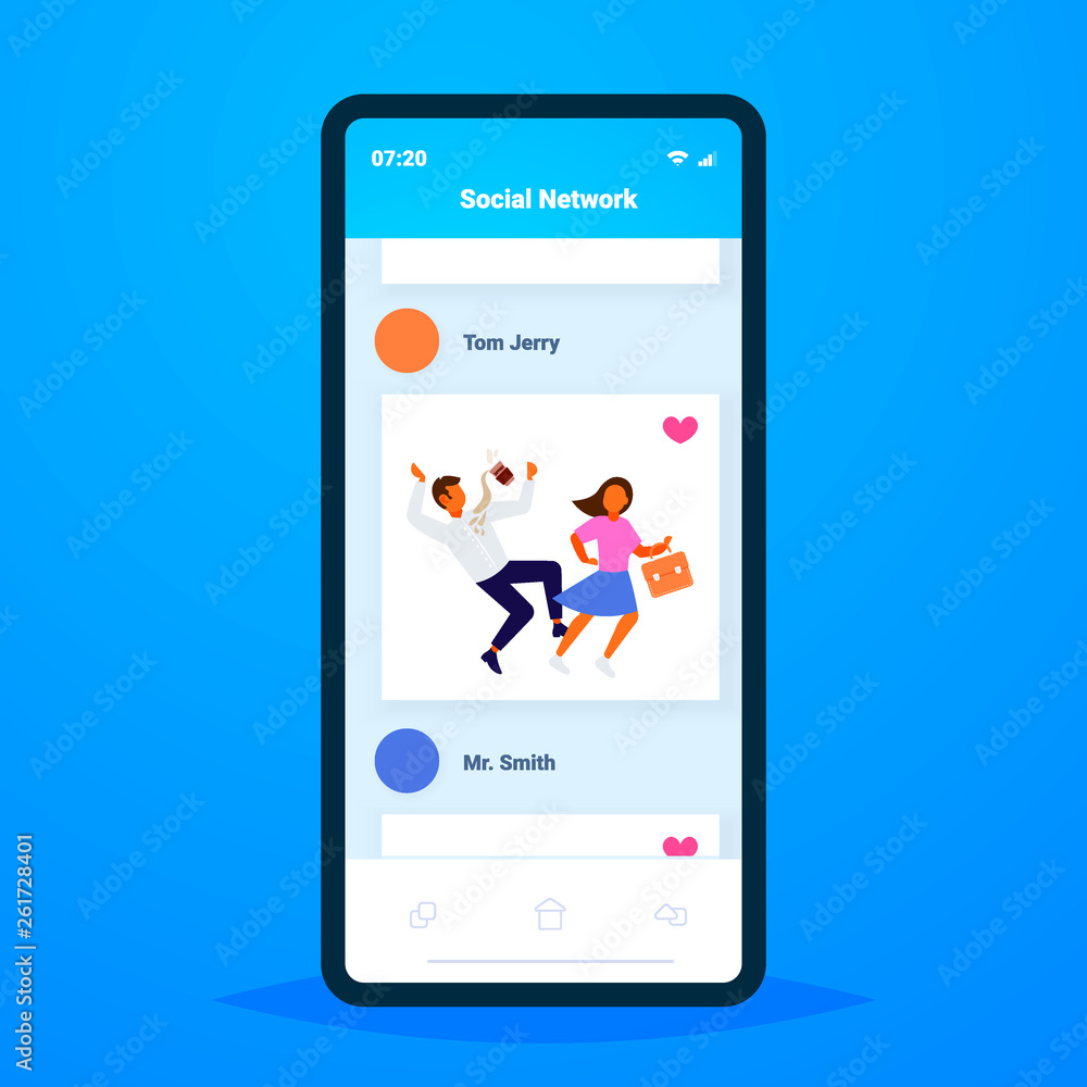 woman knocking man with coffee cup falling down failure accident concept online mobile social network application smartphone screen flat woman knocking man with coffee cup falling down failure accident concept online mobile social network application smartphone screen flat