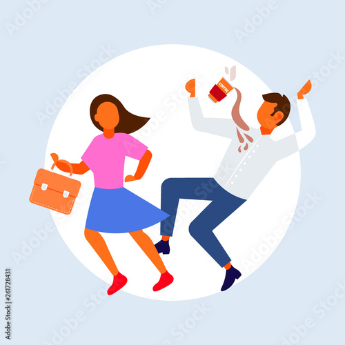 woman knocking man with coffee cup falling down failure accident concept male female cartoon characters full length flat