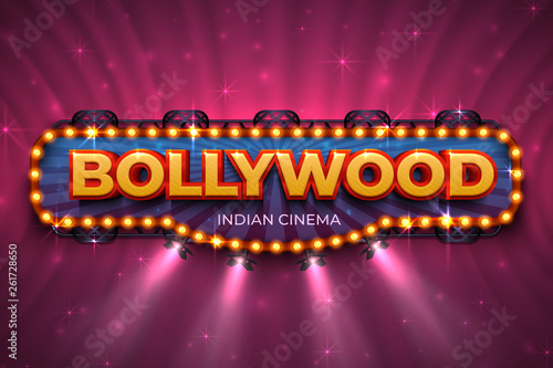 Bollywood background. Indian cinema poster with text and spot light, Indian cinematography stage. Vector 3D Bollywood film event poster