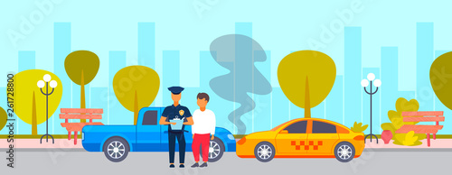 car accident crash on road driver with police officer standing over broken vehicle collision concept policeman writing report cityscape background flat horizontal