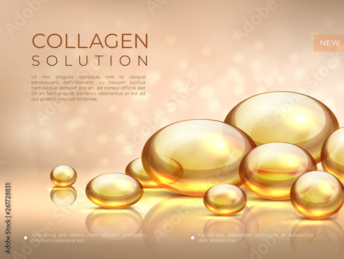 Collagen background. Golden oil bubble, cosmetic skin care essence, beauty serum face mask. Vector golden collagen pearls and bubbles illustration