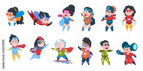 Superhero kids. Boys and girls in comic superhero costumes for party, cute children wearing colorful costumes. Vector characters superheroes