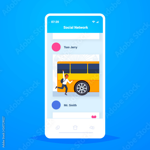 african american teenager guy running to catch school bus hurry up late concept online mobile application smartphone screen male student waving hand gesture full length