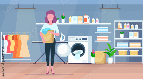 woman holding basket with dirty clothes housewife doing housework laundry room interior cartoon character full length flat horizontal