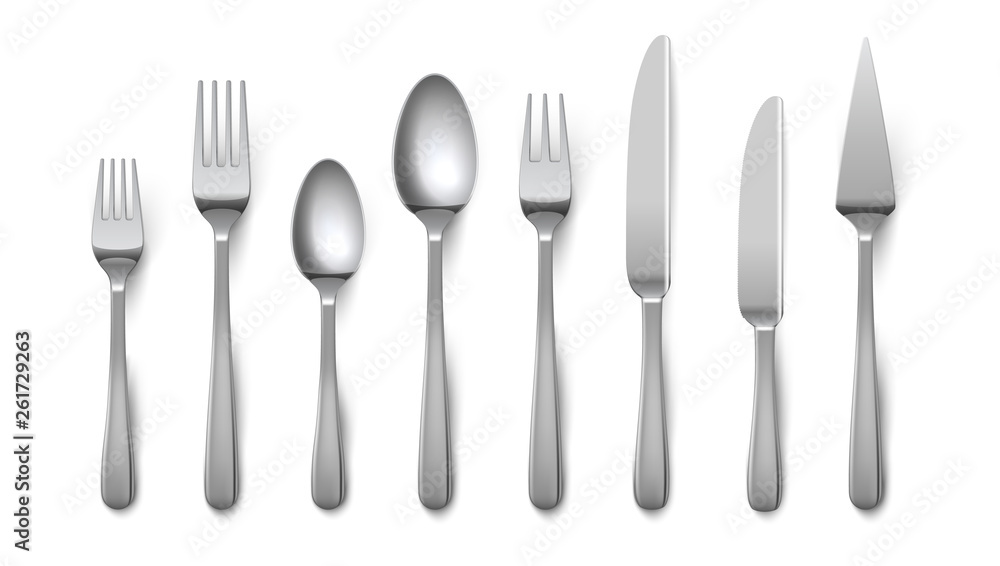 Realistic cutlery. Silverware fork knife spoon isolated on white background, stainless steel tableware flatware. Vector metal top view cutlery - obrazy, fototapety, plakaty 