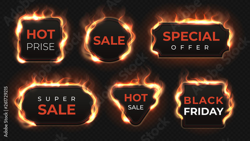 Realistic fire labels. Hot deal and sale offer text banners with shiny flame effect, isolated design objects. Vector burning commercial labels set