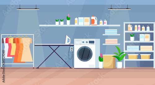 modern laundry room interior with washing machine wooden shelves hanger ironing board horizontal flat