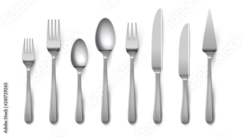 Realistic cutlery. Silverware fork knife spoon isolated on white background, stainless steel tableware flatware. Vector metal top view cutlery