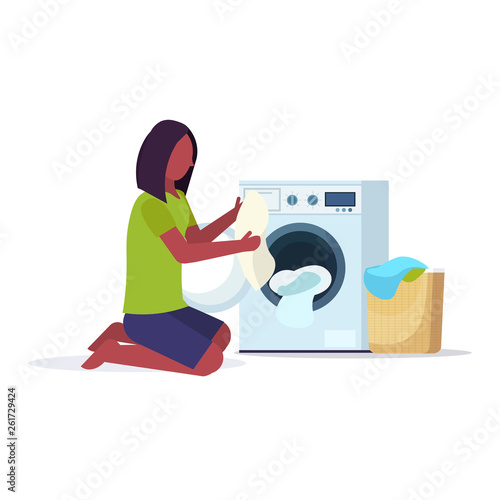woman putting dirty clothes into washing machine african american housewife doing housework laundry room cartoon character full length flat white background