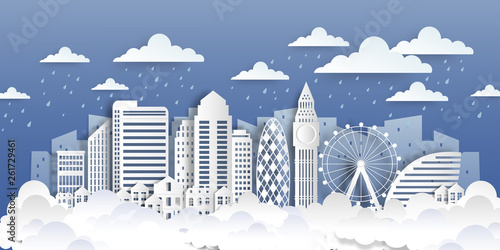 London paper landmarks. Paper cut city landscape with white flat buildings and clouds. Vector origami style modern cityscape background