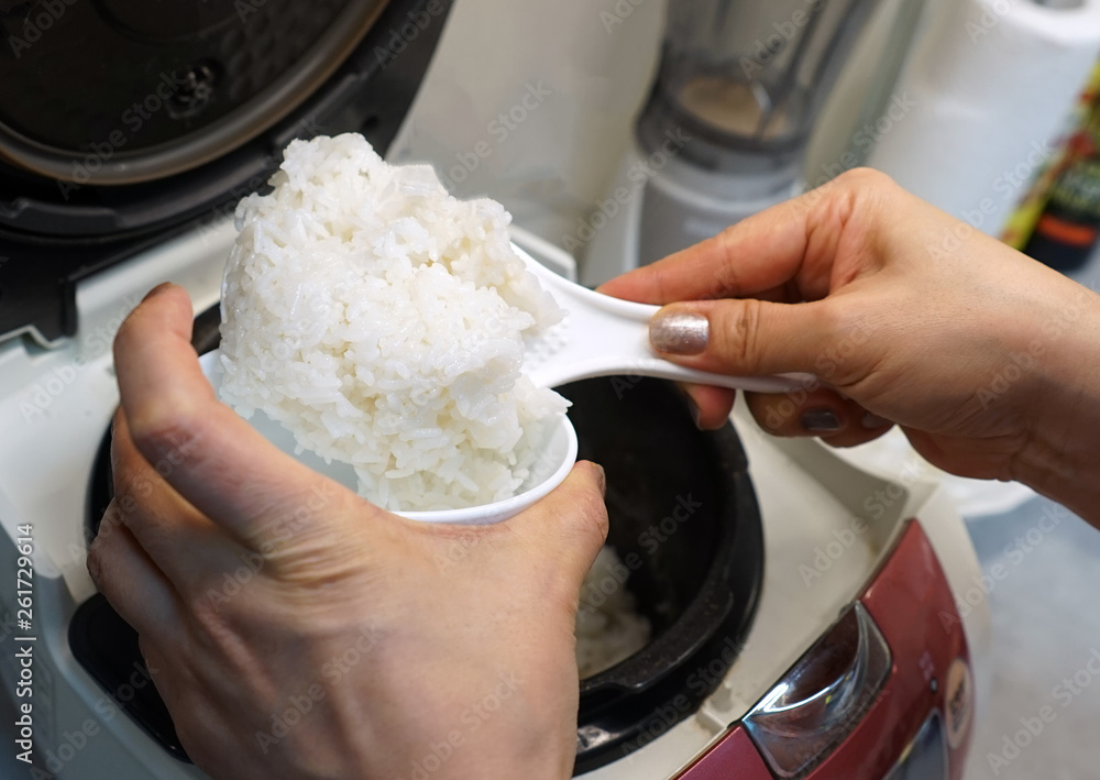 Fototapeta premium A woman puts rice in a bowl of electric rice cooker.