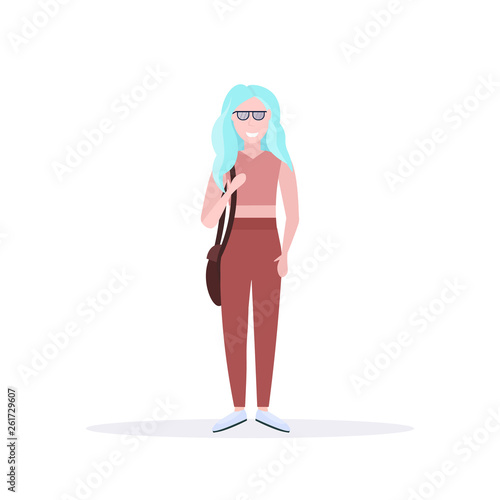 happy casual woman standing pose smiling lady holding handbag female cartoon character full length flat white background