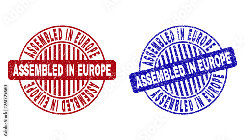 Grunge ASSEMBLED IN EUROPE round stamp seals isolated on a white background. Round seals with grunge texture in red and blue colors.