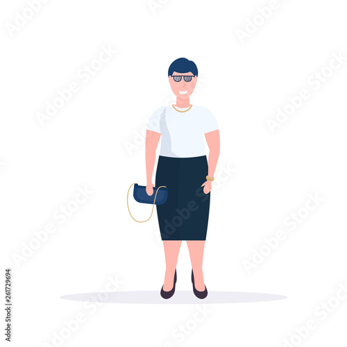 fat obese elegant woman standing pose smiling overweight office worker holding handbag female cartoon character full length flat white background