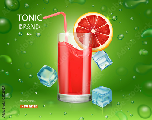 Illustration of fresh grapefruits with juice in drinking glass realistic illustration