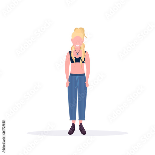 happy casual woman standing pose smiling blonde lady female cartoon character full length flat white background