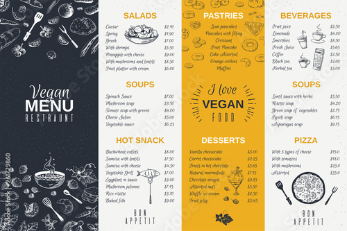 Hand drawn restaurant menu. Food cooking vintage template, doodle breakfast and diner cafe flyer. Vector menu card poster vintage design photo