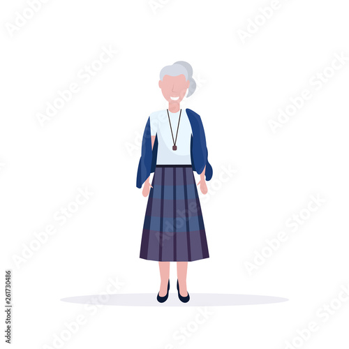 casual mature woman standing pose smiling senior lady wearing trendy clothes female cartoon character full length flat white background