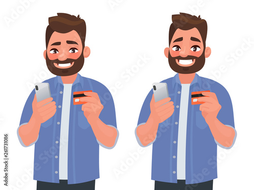Happy man makes online shopping with a bank card through the phone. Vector illustration