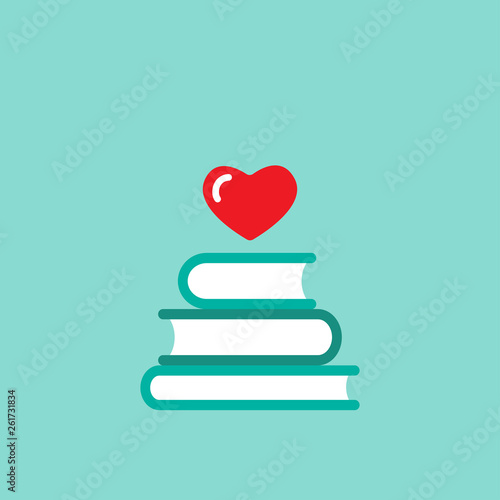 Stack of books with red heart flying out. Isolated on blue background. bibliophile flat icon. Vector