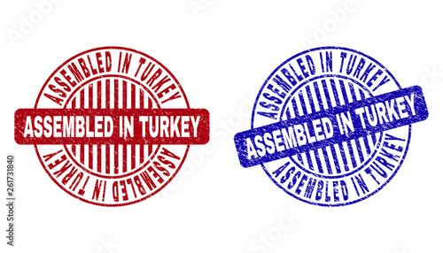 Grunge ASSEMBLED IN TURKEY round stamp seals isolated on a white background. Round seals with grunge texture in red and blue colors.